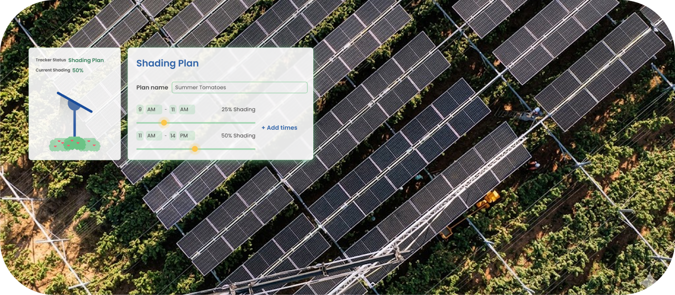 AgriSolar shading plan interface over an aerial view of solar panels