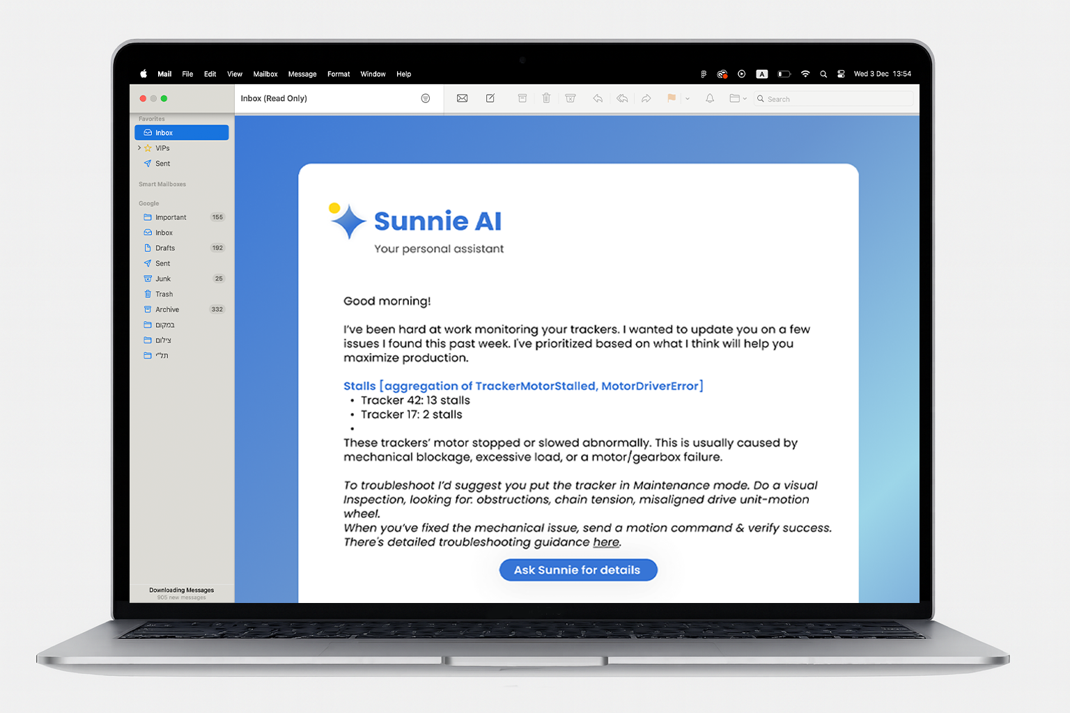 Sunnie AI proactive email digest listing tracker stalls and homing issues, viewed on a laptop