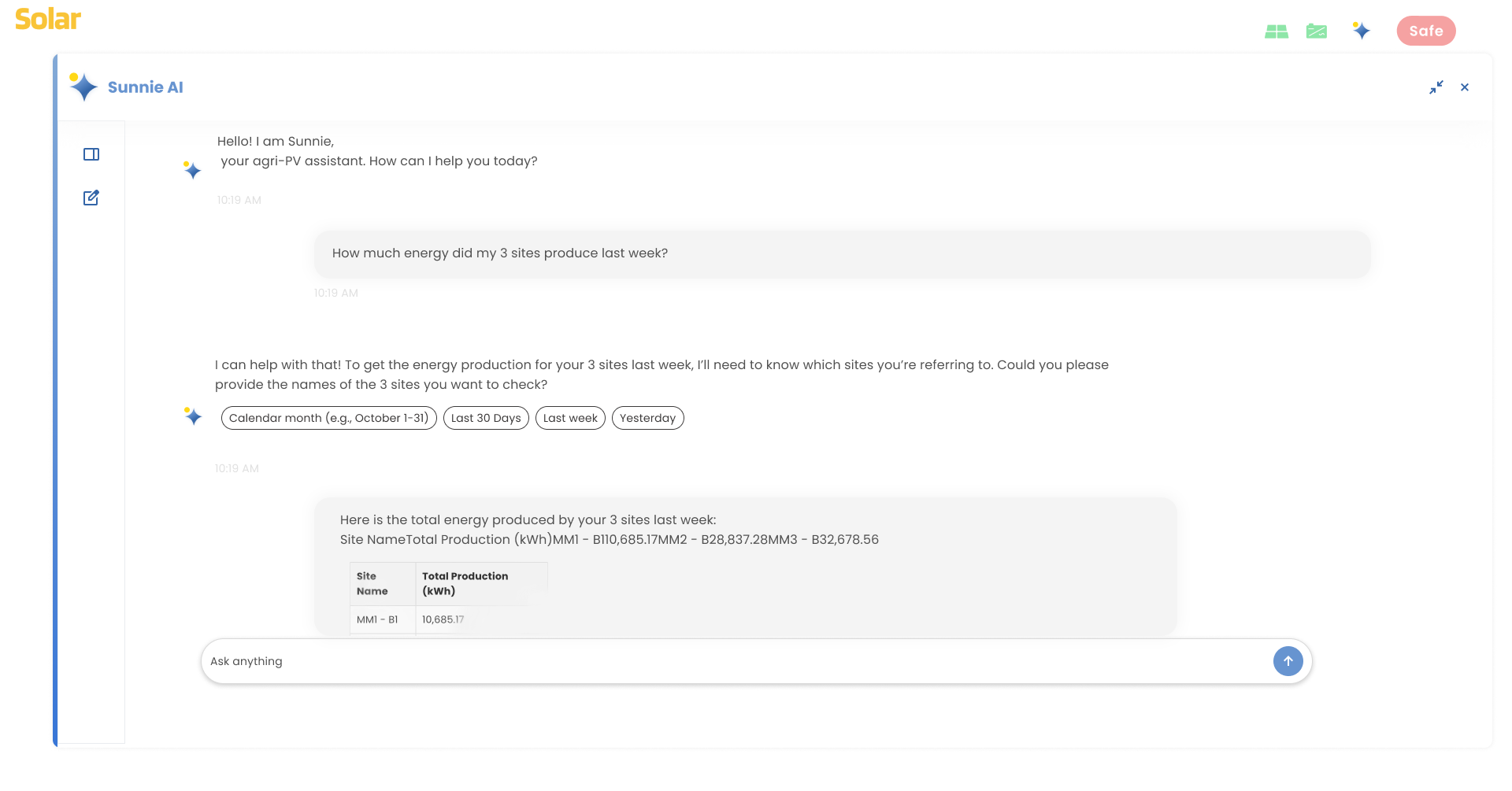 Sunnie AI Copilot answering a natural-language question about energy production with a structured data table