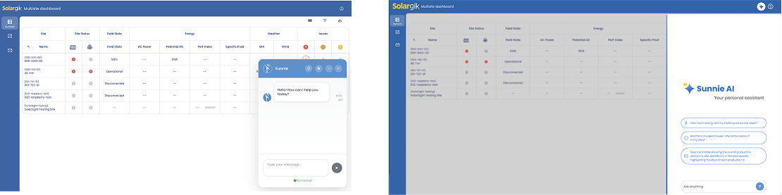 Comparison of the V1 generic chatbot popup versus the in-production docked Sunnie AI Copilot panel