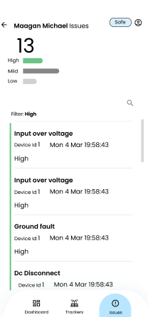 Issues list ranked High, Mid, Low severity, filtered to show only High severity faults