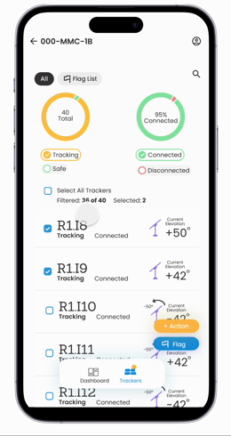 Multi-select tracker list with bulk flag and action controls